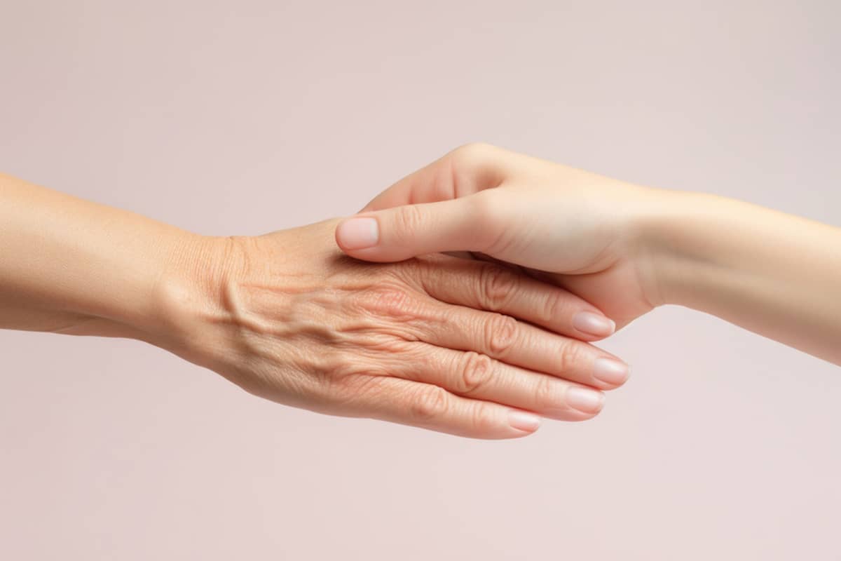 A younger hand holding an older, wrinkled hand, illustrating the contrast and potential for hand rejuvenation through cosmetic procedures and skincare.